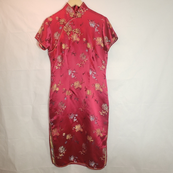 Red Silk dress fitted kimono side slits 38 large - Picture 2 of 8